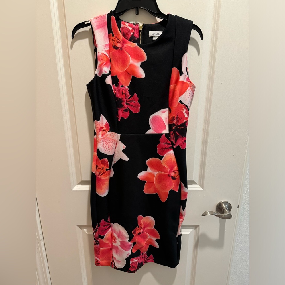 Black Calvin Klein dress with red pink floral pattern